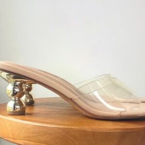 Nude Clear Strap Mule with Sculpted Gold Heel